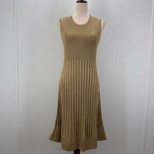NWT Hanley Mellon Ribbed Knit Shimmer Gold Dress sz M Wedding Guest Minimalist